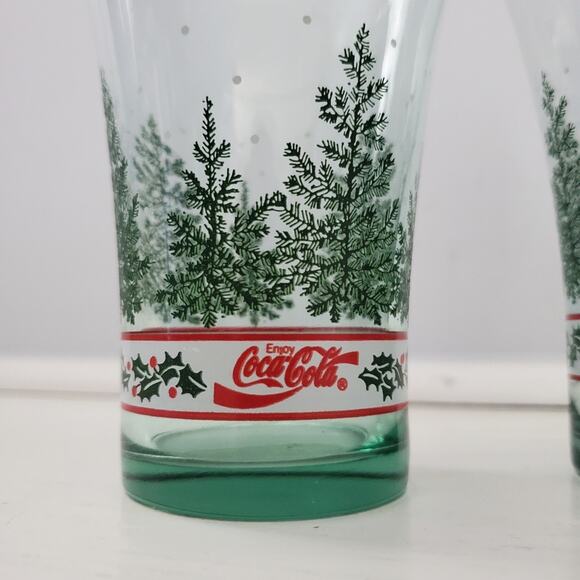 Coca Cola Collectible Christmas Pine Holly Tree Green Glasses Set Of 2 - Picture 2 of 2